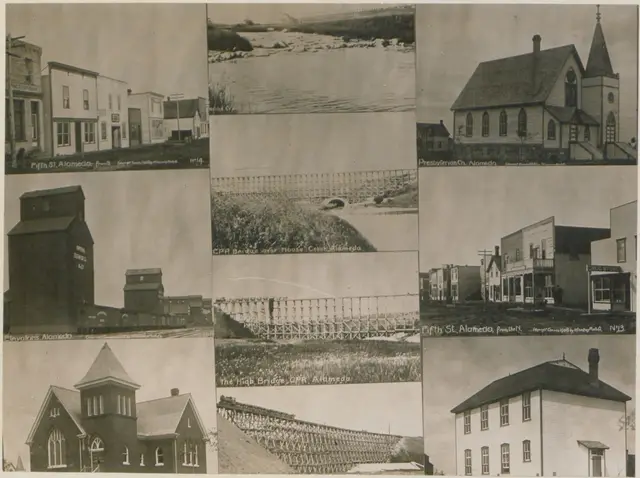 Collage of views of Alameda: streets, church, elevators and CPR bridges